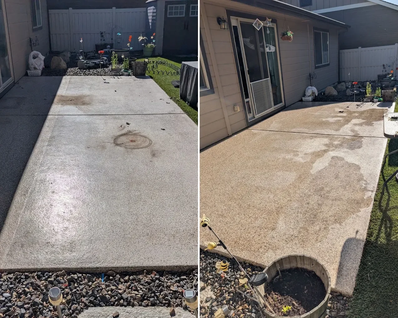 Side-by-side view of a residential patio before and after power washing